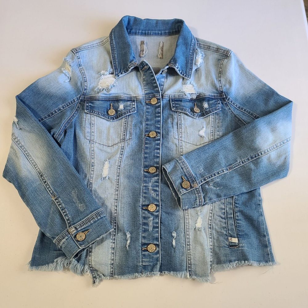 Enjean Denim Jean Jacket Distressed Women's Size Large Blue